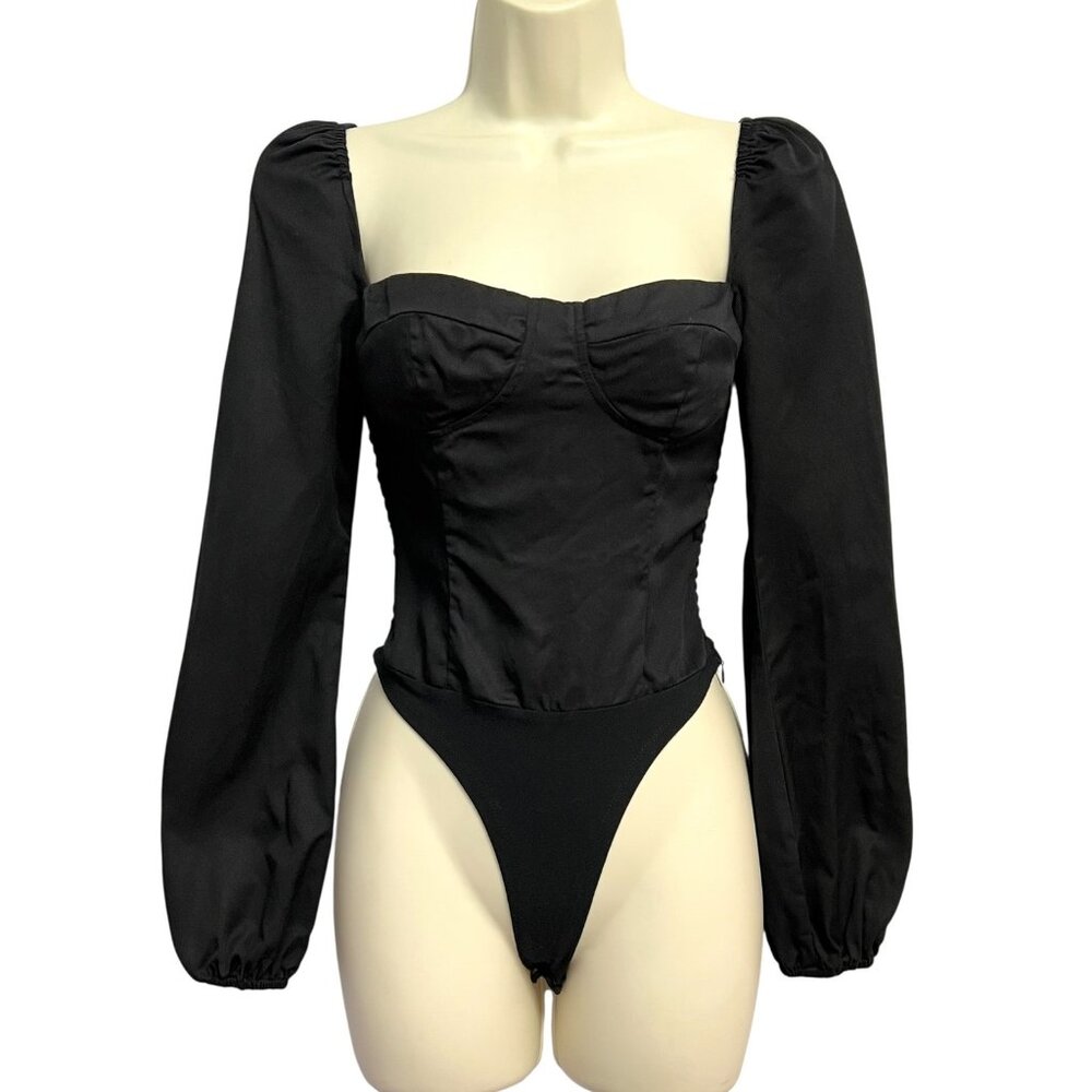 Lani The Label Bodysuit Womens Extra Small Black Puff L/S Square Neck Smocked